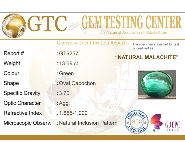 13.69 ct Natural Certified Malachite stone